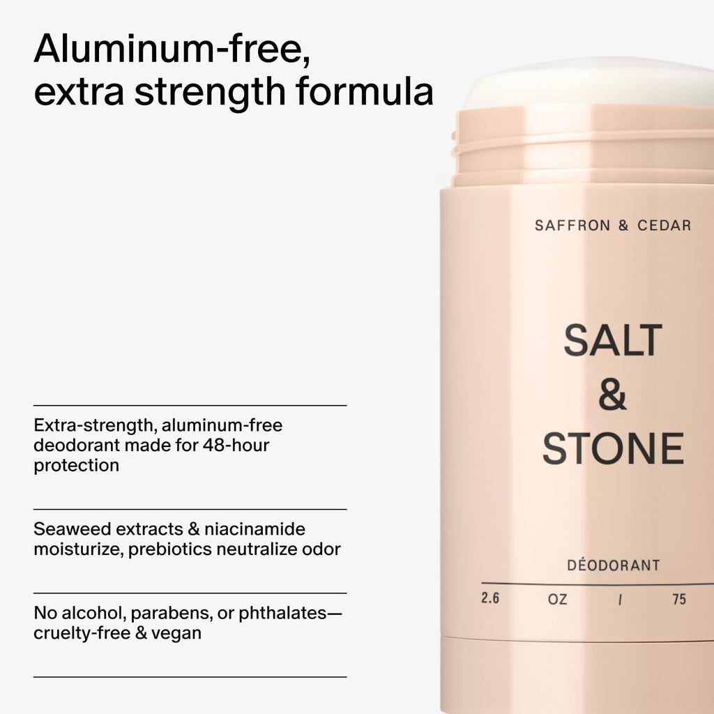 Salt & Stone Aluminum Free Deodorant | Extra Strength 48 Hour Protection for Women & Men | Made with Seaweed Extracts, Niacinamide & Prebiotics | Santal & Vetiver