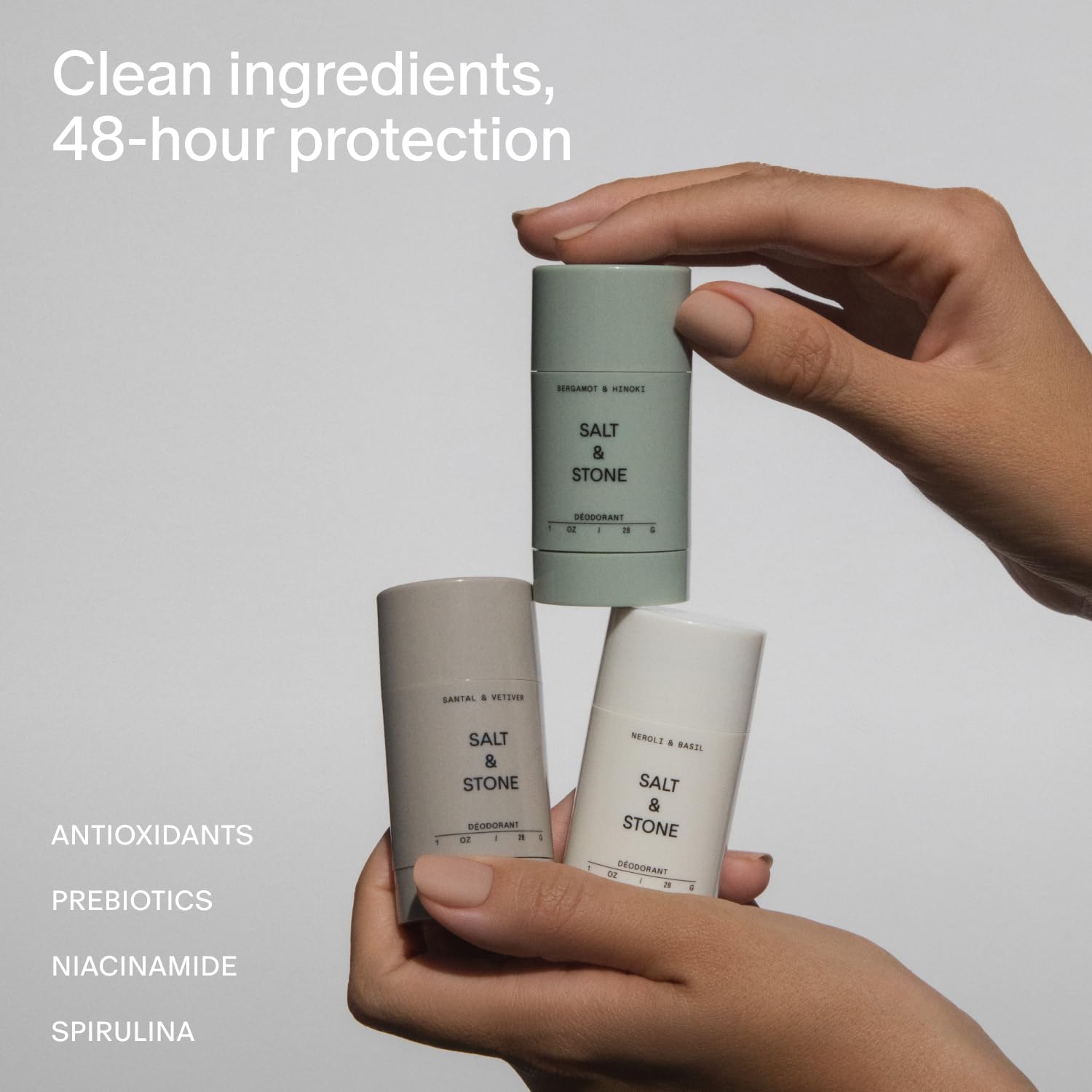 Salt & Stone Aluminum Free Deodorant | Extra Strength 48 Hour Protection for Women & Men | Made with Seaweed Extracts, Niacinamide & Prebiotics | Santal & Vetiver