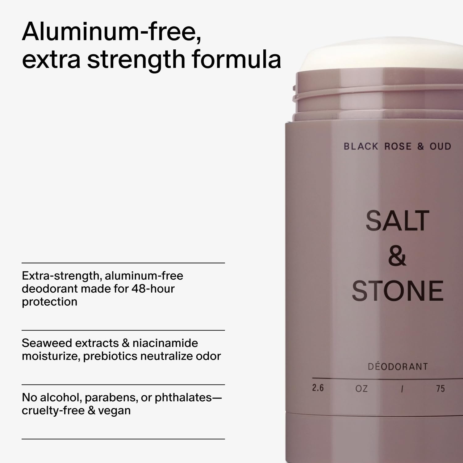 Salt & Stone Aluminum Free Deodorant | Extra Strength 48 Hour Protection for Women & Men | Made with Seaweed Extracts, Niacinamide & Prebiotics | Santal & Vetiver