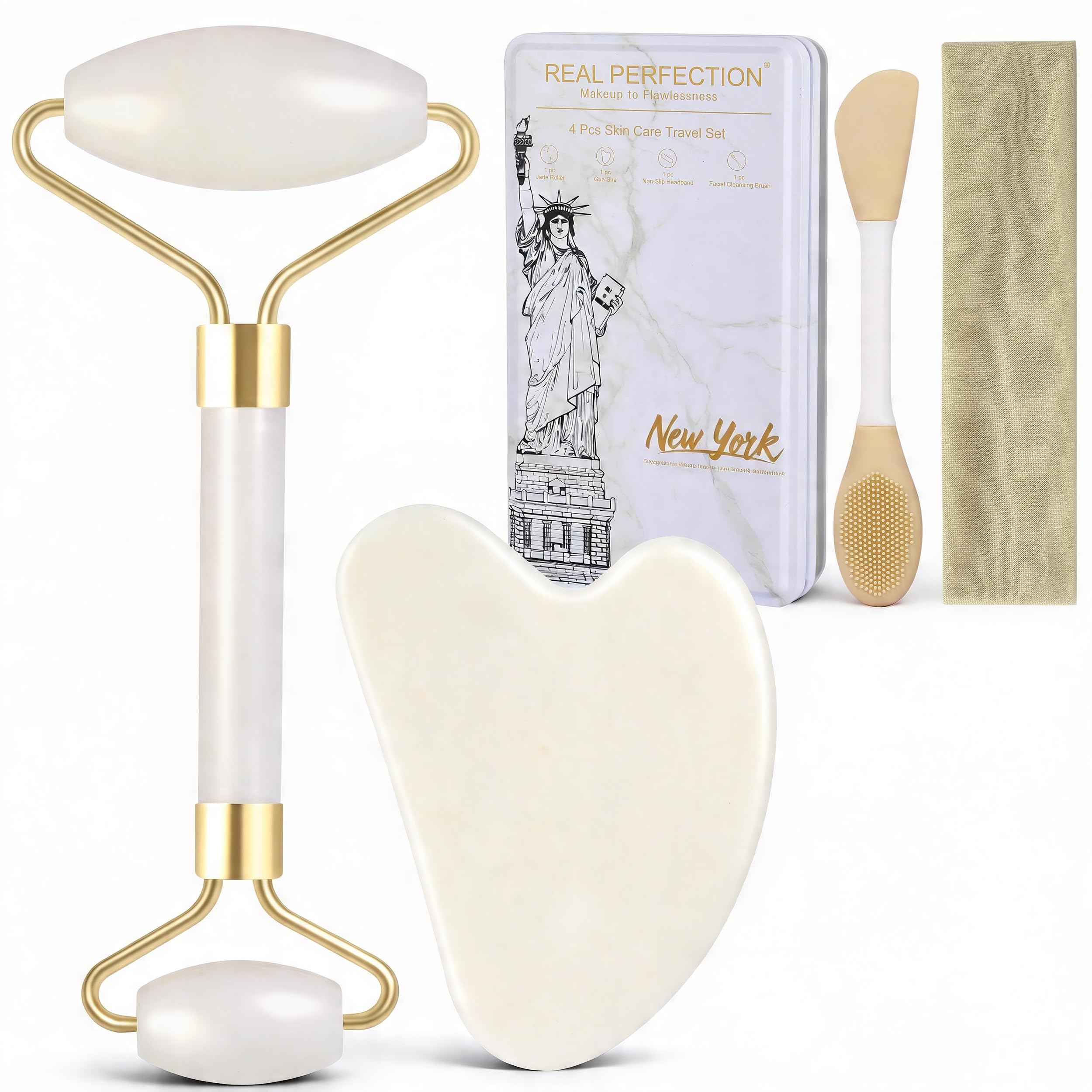 Real Perfection Gua Sha Facial Tools Face Roller for Wrinkles Jade Roller and Gua Sha Set, Scrubber Pore Brush Headband Skin Care Tools for Travel Skincare Routine Massaging Reducing Puffiness - Green
